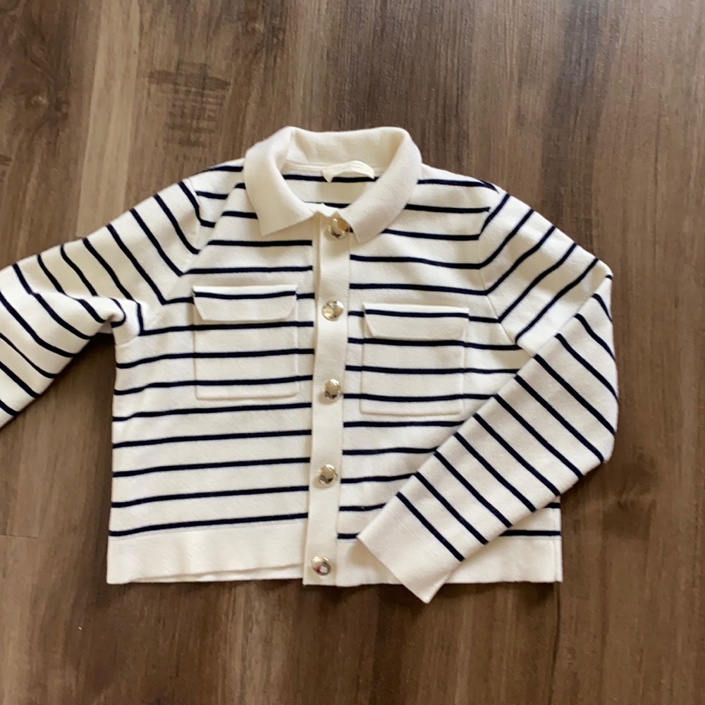 Sezane Betty wool cardigan ecru with stripes and gold button